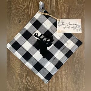Black and White buffalo check hot pad/trivet with wool appliquéd Buck Design